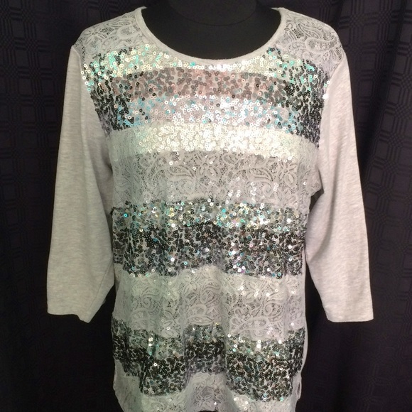 ✨CLEARANCE✨  Quacker Factory Gray Sequin Lace Top Size XL - Picture 7 of 7
